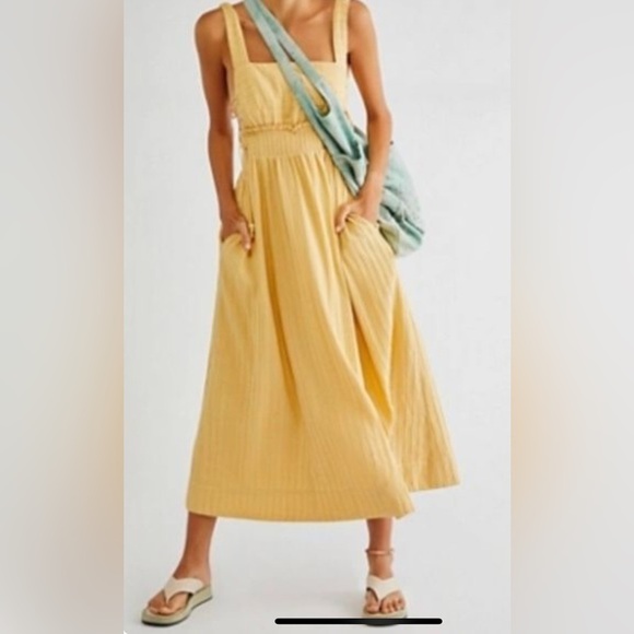 Vintage 90s Free People Yellow Ankle Thick Cotton Sun Dress With Lace Up Sides S - Picture 3 of 13
